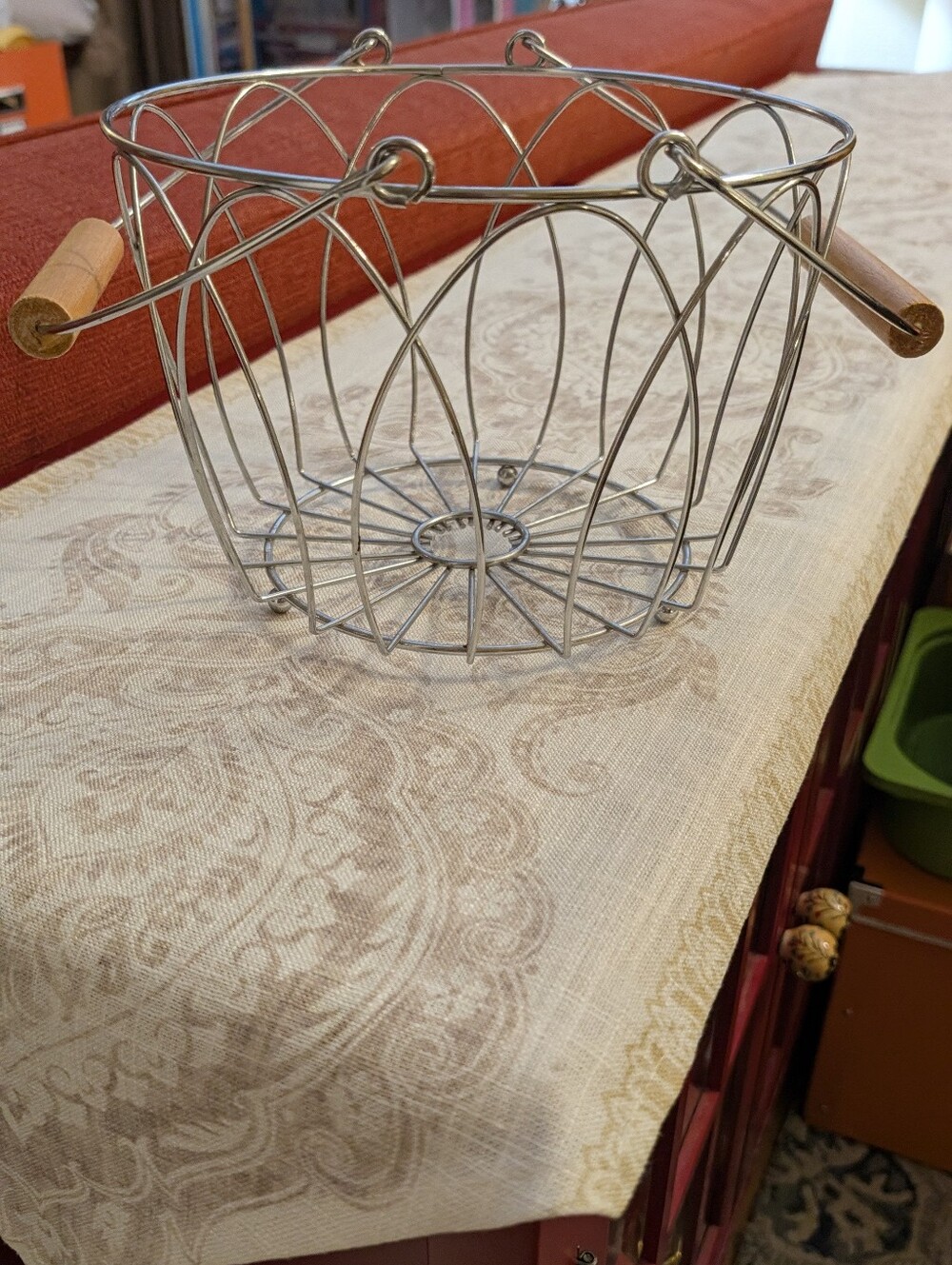 1960's Petal Wire Chrome Basket With Wooden Handles Round Egg Basket Footed
